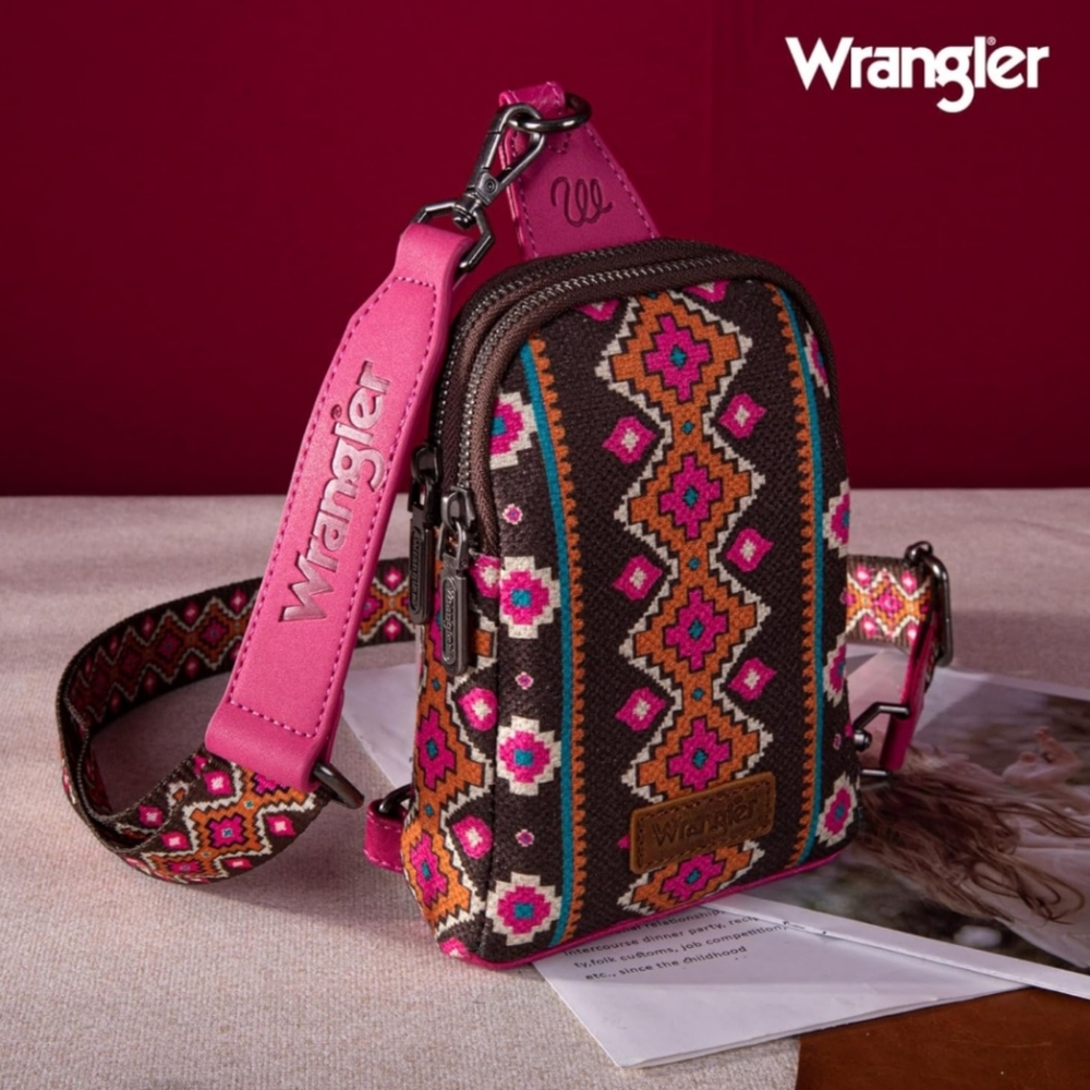 WRANGLER SOUTHWESTERN ALL-OVER AZTEC PRINT SLING BAG, Hot Pink